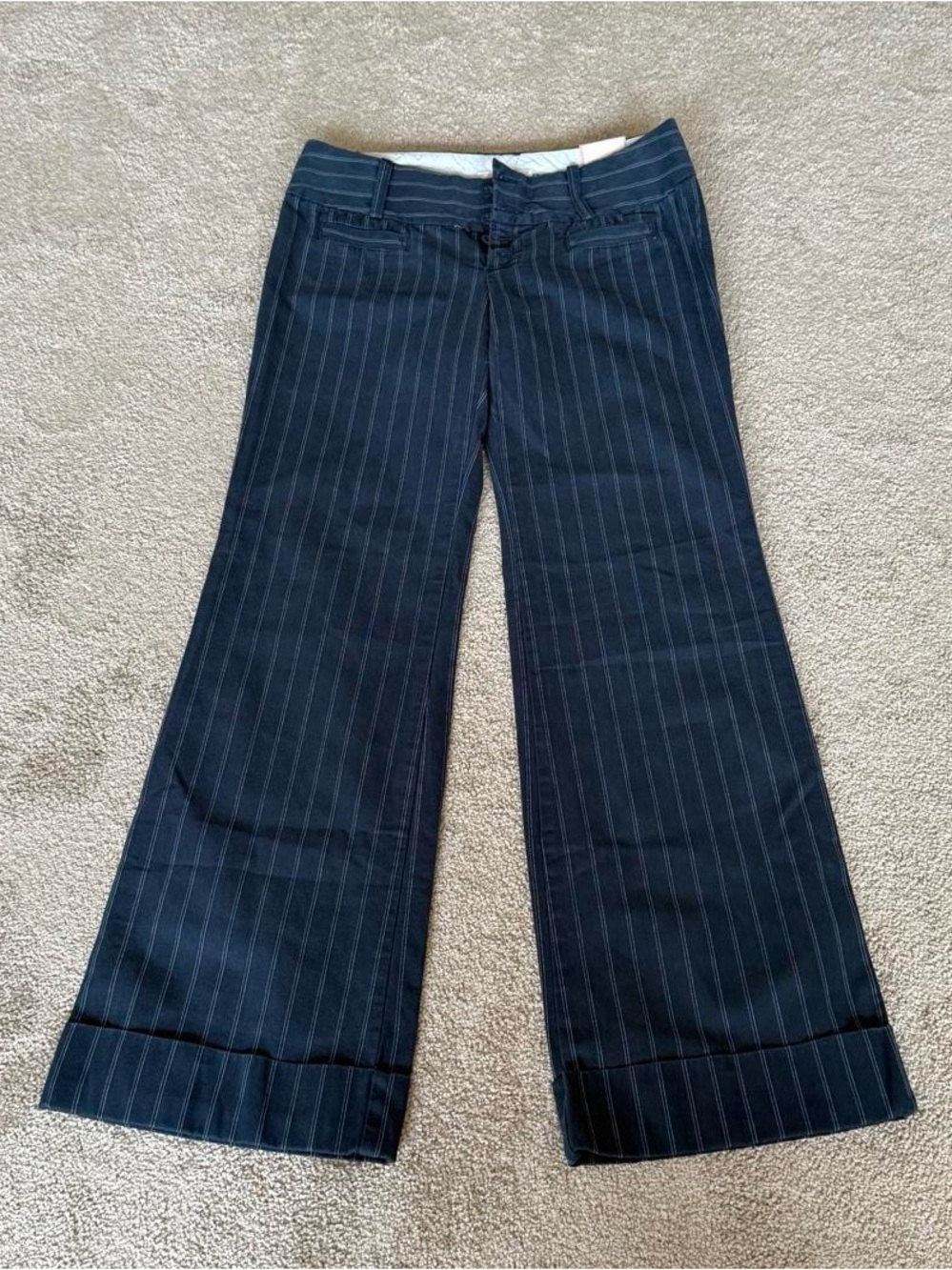 American Eagle Laidback Trouser Super Low Rise Navy Pinstripe Flare Pants NWT 4